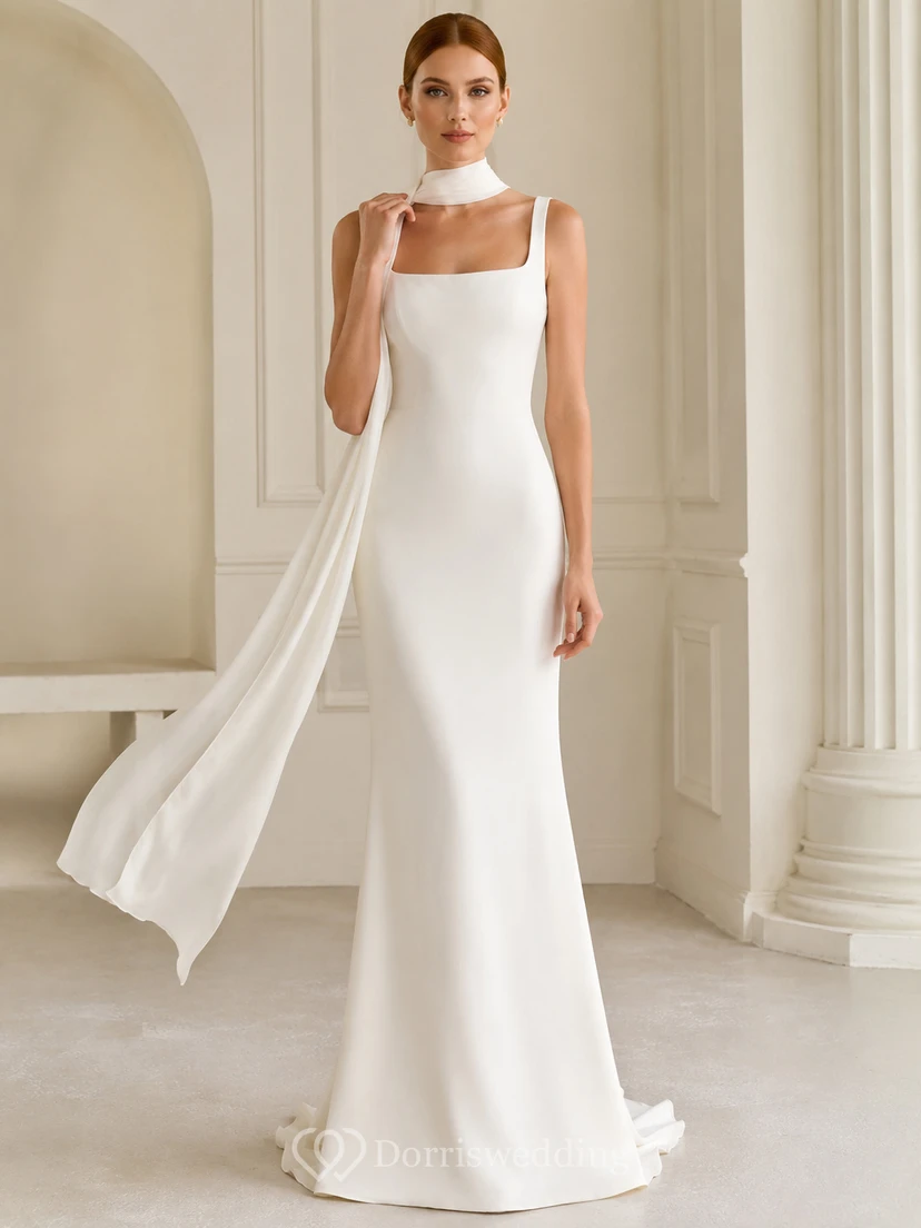 Robe de mariée fourreau en satin, col carré, sans manches, traîne.