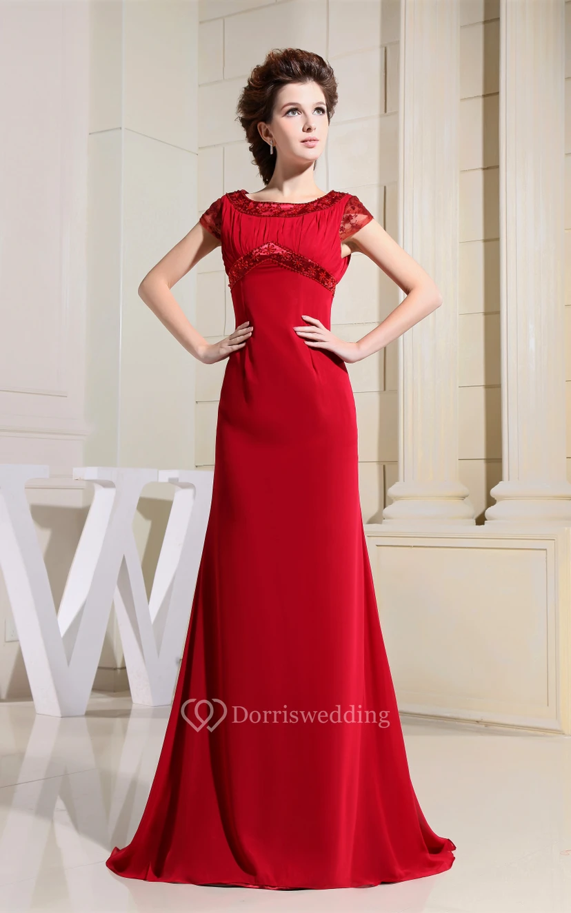 Chiffon Short-Sleeve Floor-Length Dress With Beading and Ruching view 2