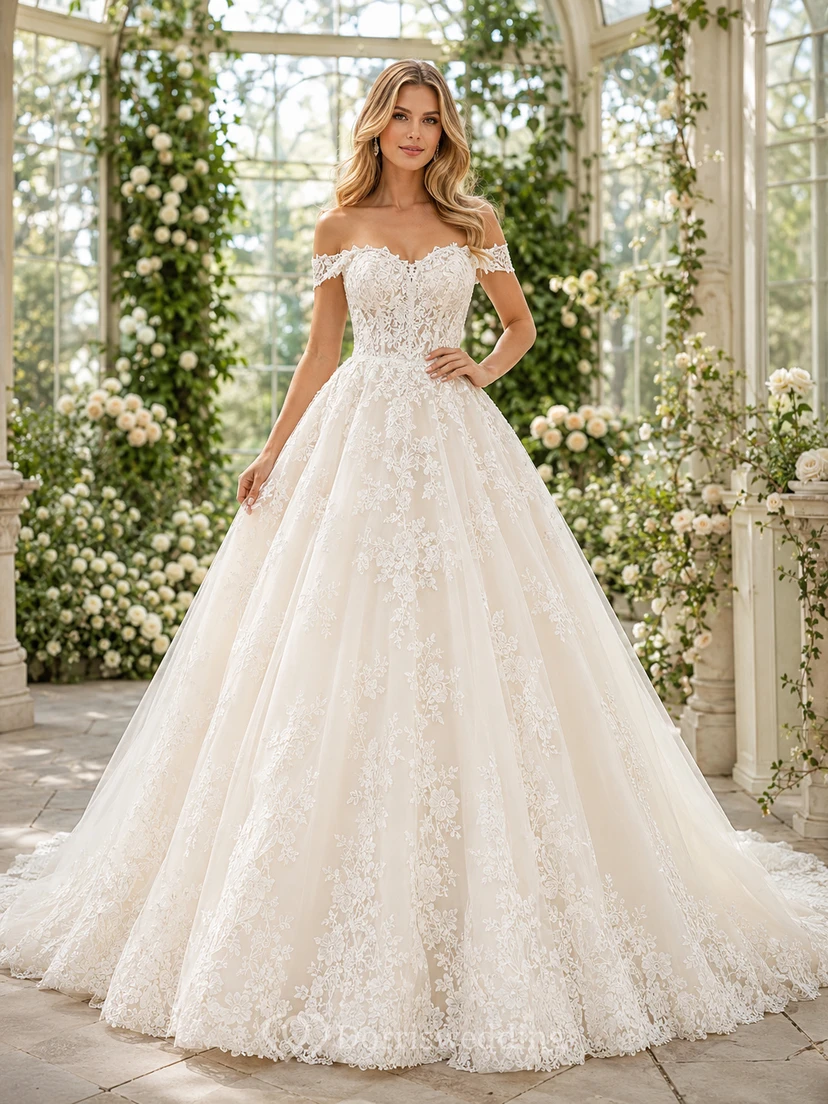 Vestido de novia clásico romántico con escote corazón, hombros descubiertos, encaje floral, cola de capilla y falda de gala.