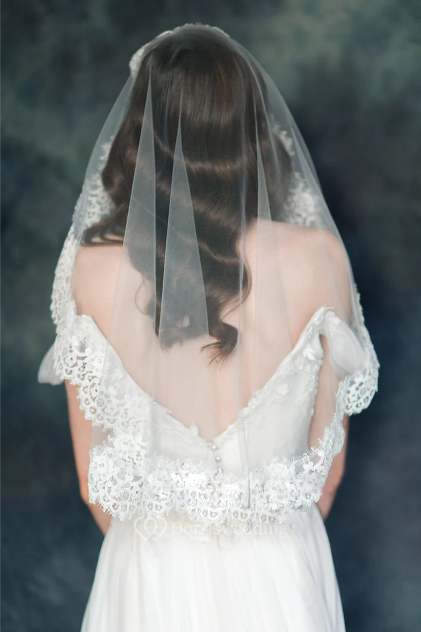 Short Cute Wedding Veil with Lace Appliques view 2