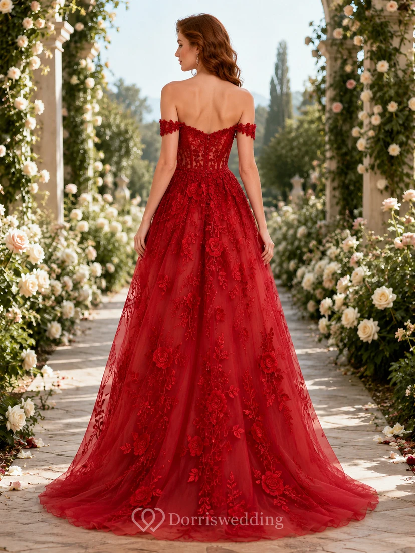 Rotes, schulterfreies Brautkleid aus besticktem Tüll mit Blumenmuster view 2