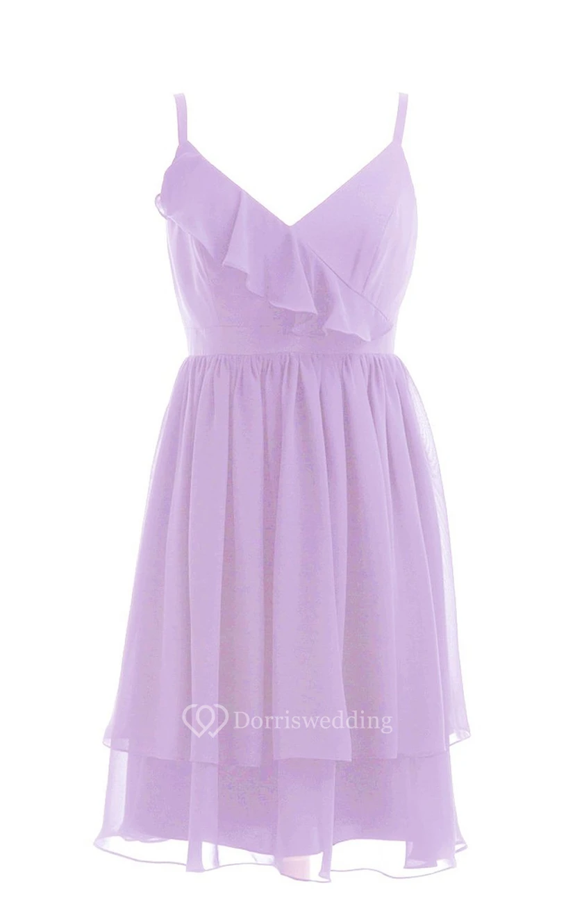 Chic Spaghetti Straps V-neck Short Dress With Tieres