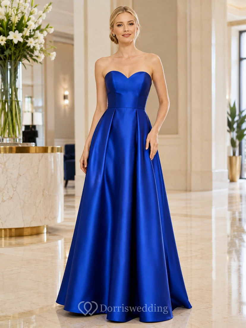 Robe de soirée bustier en satin bleu roi, coupe trapèze