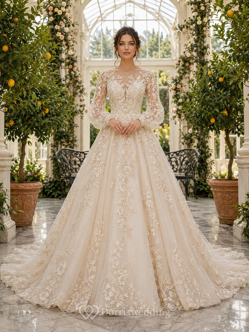 High Neck Long Sleeve Floral Conservatory Ball Gown