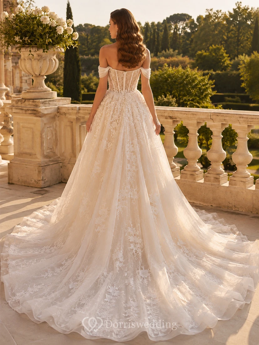 Lace Tulle Wedding Dress A-Line Off Shoulder Short Sleeve Sweep Train Bridal Gown view 2