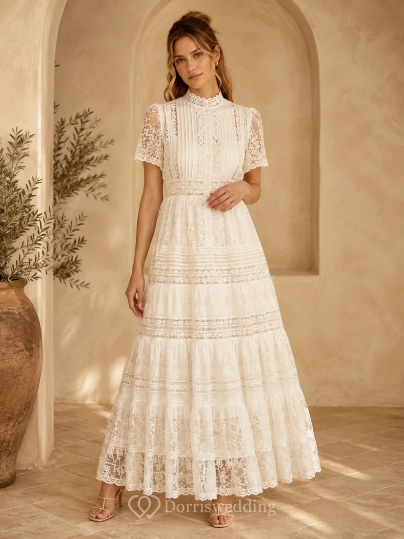 Boho Modest Ivory High Neck Lace A-Line Ankle-Length Dress