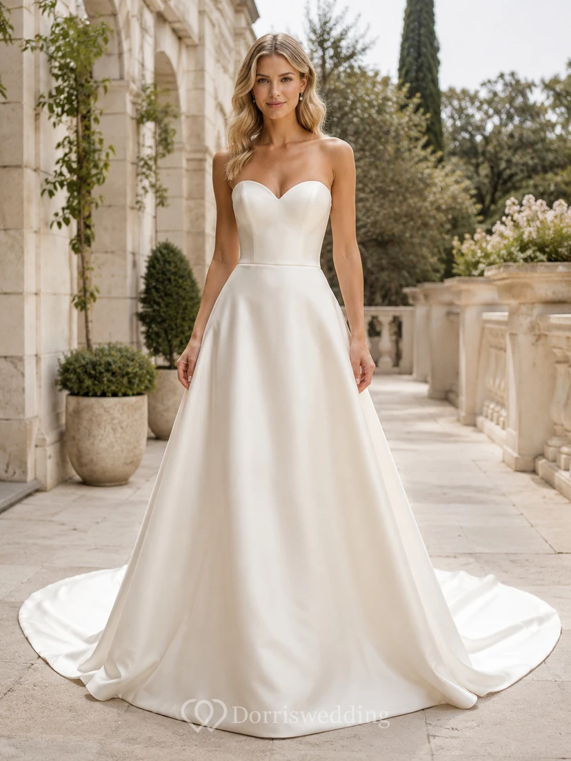 Minimalist Satin Wedding Dress A-Line Strapless Sweetheart Court Train Bridal Gown