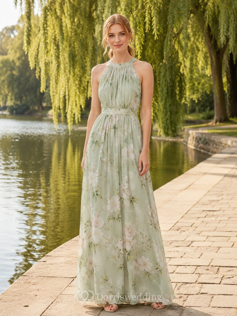 Sage floral halter pleated chiffon maxi A-line dress