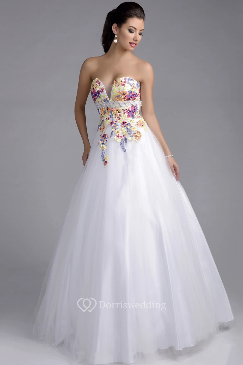 Tulle Sweetheart Sleeveless Lace Appliqued A-Line Prom Dress With Beaded Belt