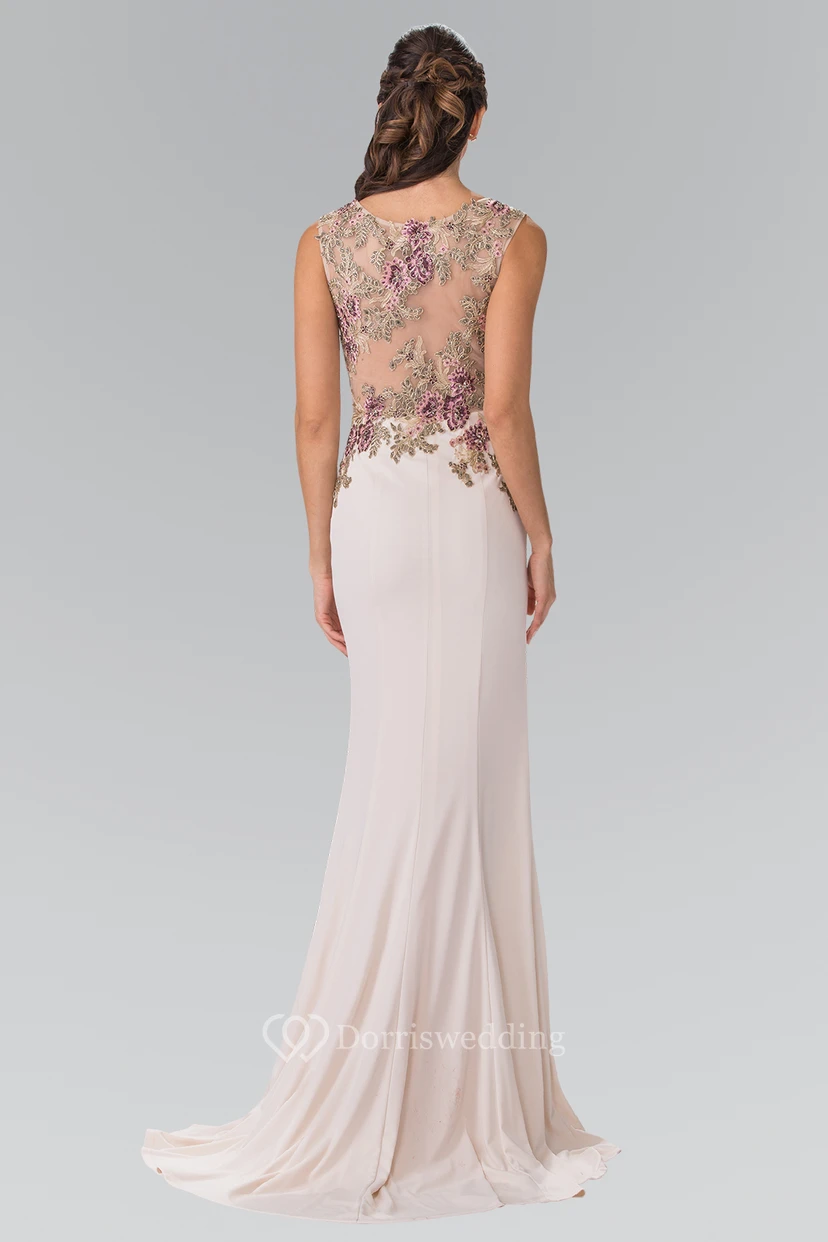 Sheath Maxi V-Neck Sleeveless Jersey Illusion Dress With Beading And Appliques view 2