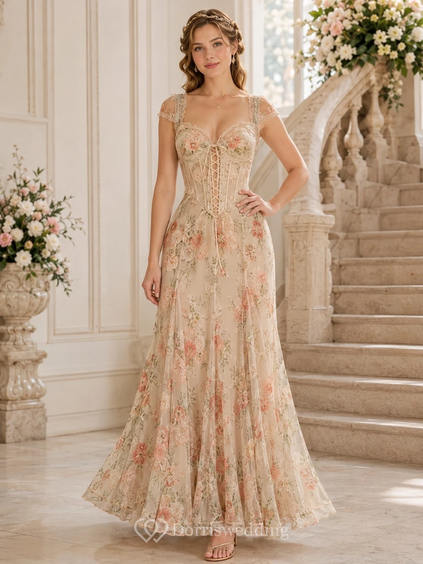 Robe de soirée vintage crème en dentelle florale, manches courtes, décolleté cœur, coupe trapèze, longueur au sol, lacée, à manches courtes et décolleté en cœur