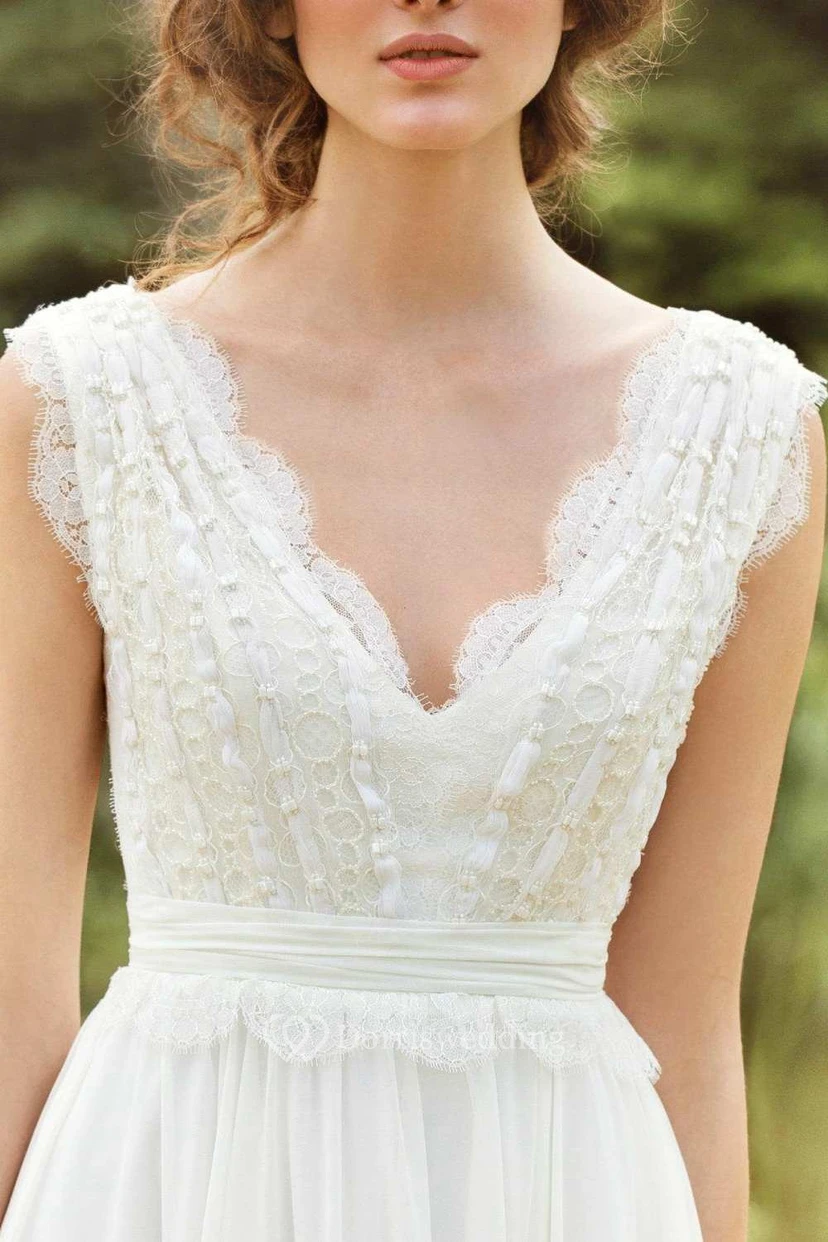 Plunged Sleeveless Chiffon Pleated Wedding Dress With Lace And Bow view 5
