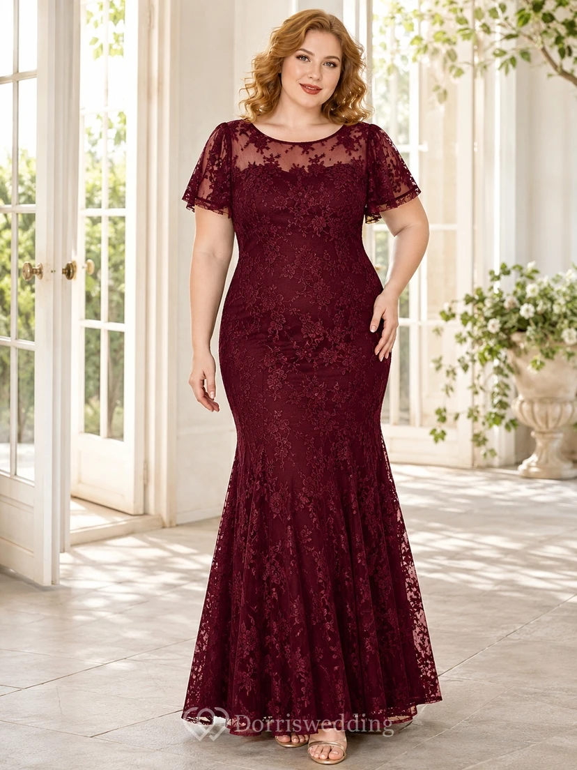 Burgundy Scoop Neck Short Sleeve Lace A-Line Floor-length Formal Guest Dress