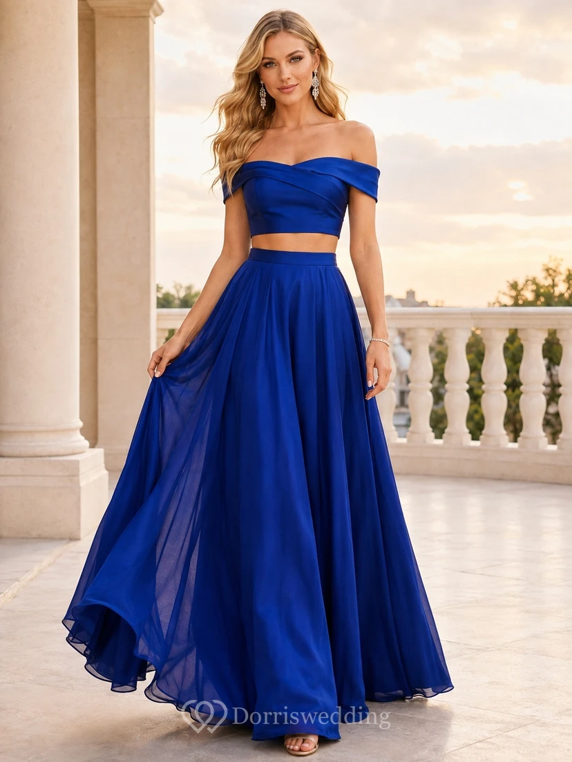 Royal Blue Off Shoulder Two Piece Chiffon Floor Length Prom Dress