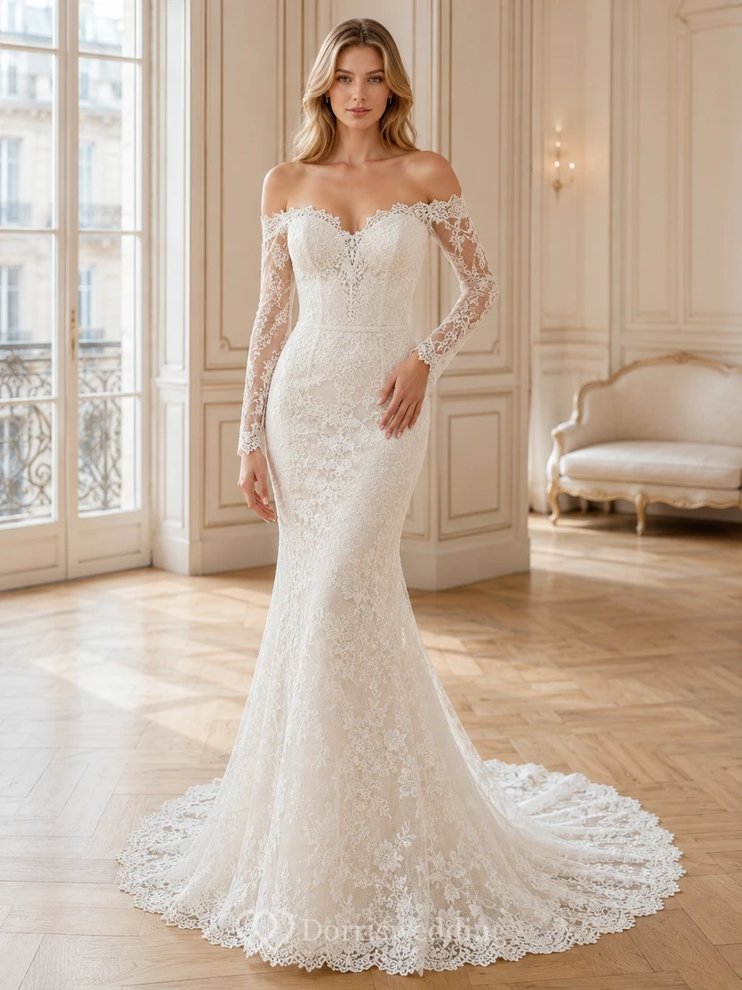 Brautkleid im Meerjungfrauenstil mit langen Ärmeln, Spitze und Schleppe, festlich