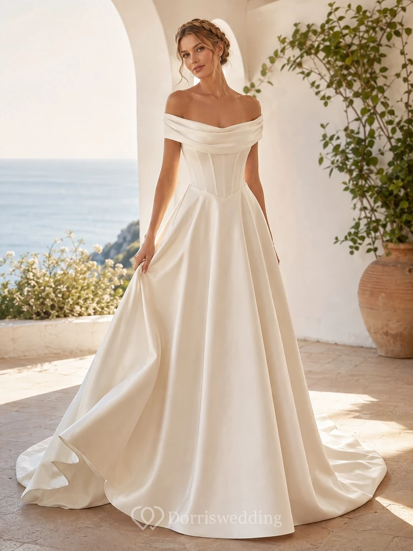 Vestido de novia romántico con escote Bardot, corte A, drapeado y cola larga