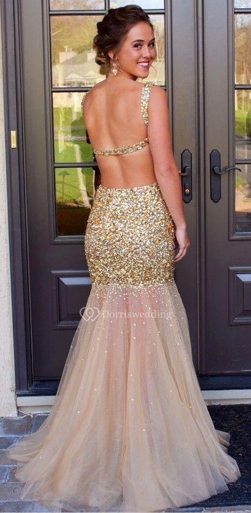 Glamorous Sleeveless Crystal Prom Dresses Mermaid Backless Tulle Evening Dress