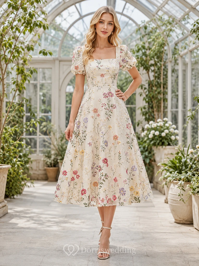 Light Floral Square Neck Puff Sleeve Midi Dress