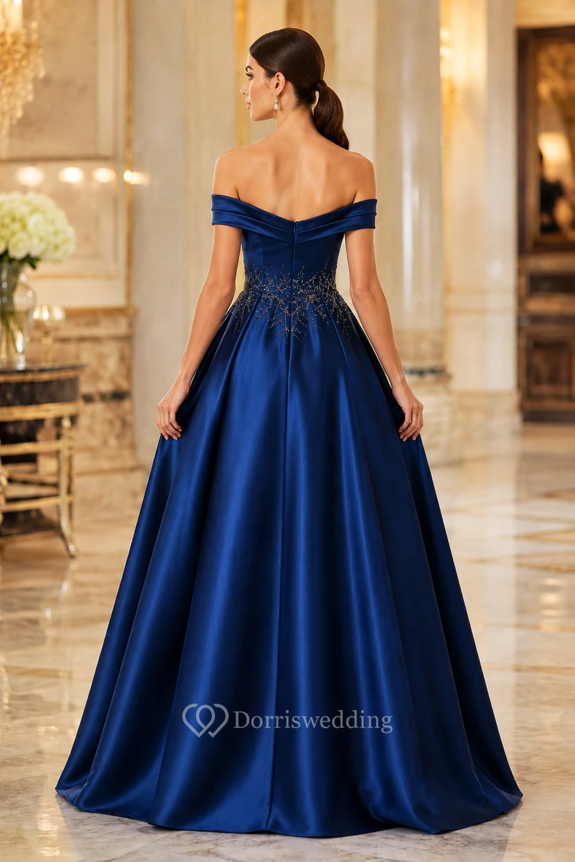 Königsblaues schulterfreies Ballkleid aus Satin mit verziertem Oberteil view 2