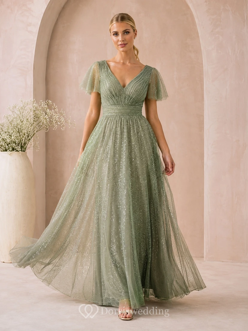 Robe longue en tulle pailleté, coupe trapèze, col en V et manches papillon, couleur sauge romantique