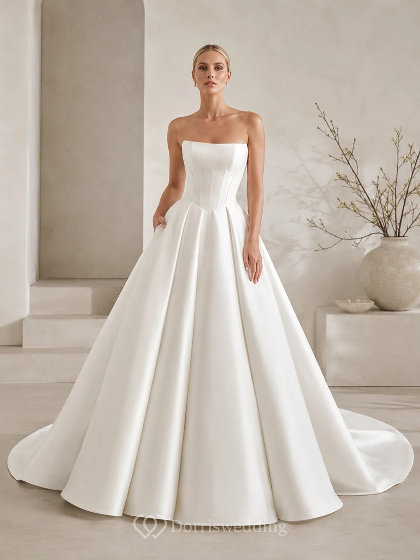 Robe de mariée élégante en satin, bustier, sans manches, traîne cathédrale, plis structurés, style verger