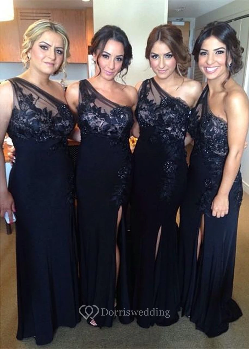 Modern One Shoulder Lace Jersey Blue Bridesmaid Dress Front Split