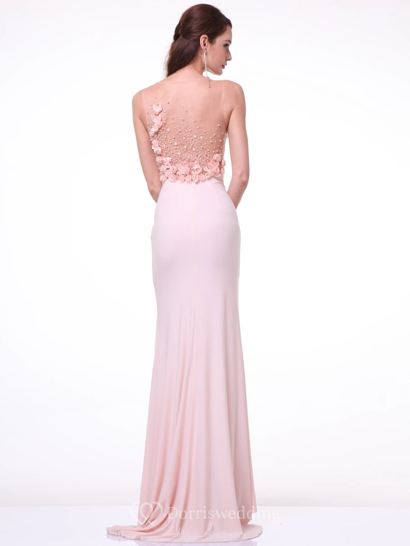Sheath Maxi Jewel-Neck Sleeveless Jersey Illusion Dress With Flower And Beading view 2