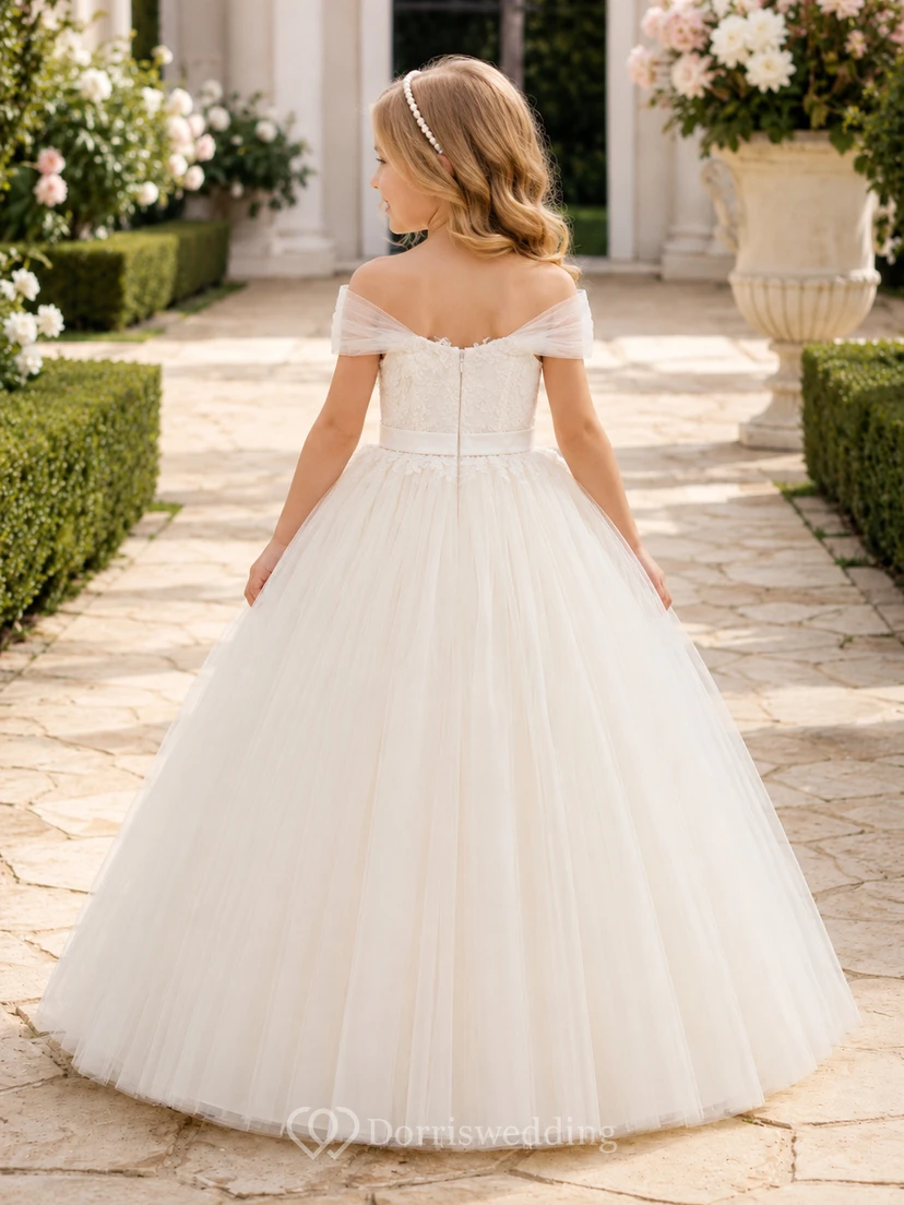 Flower Girl Dress Ivory Tulle Ball Gown Short Sleeve Off Shoulder Floor Length Pleated view 2