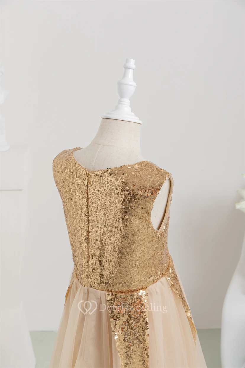 Sequin Tulle A-line Pleated Flowergirl Dress with Zipper Back view 6