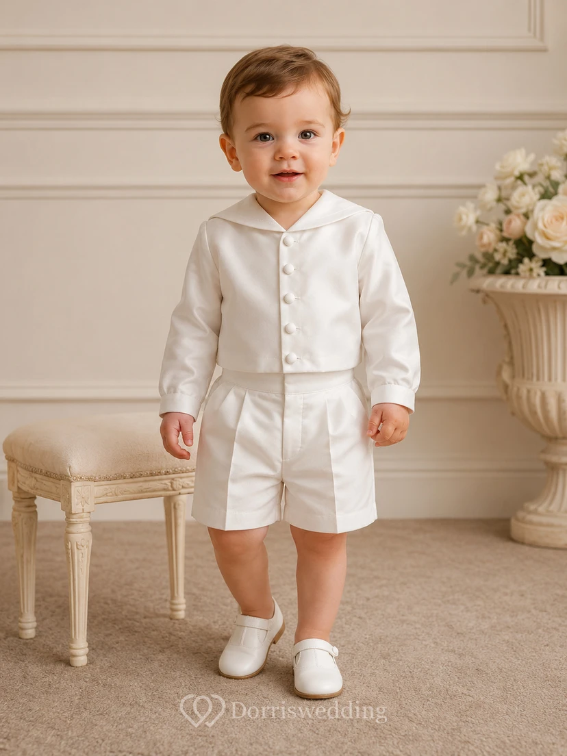 White Sailor Collar Button Front Christening Short Suit Set for Baby Boy