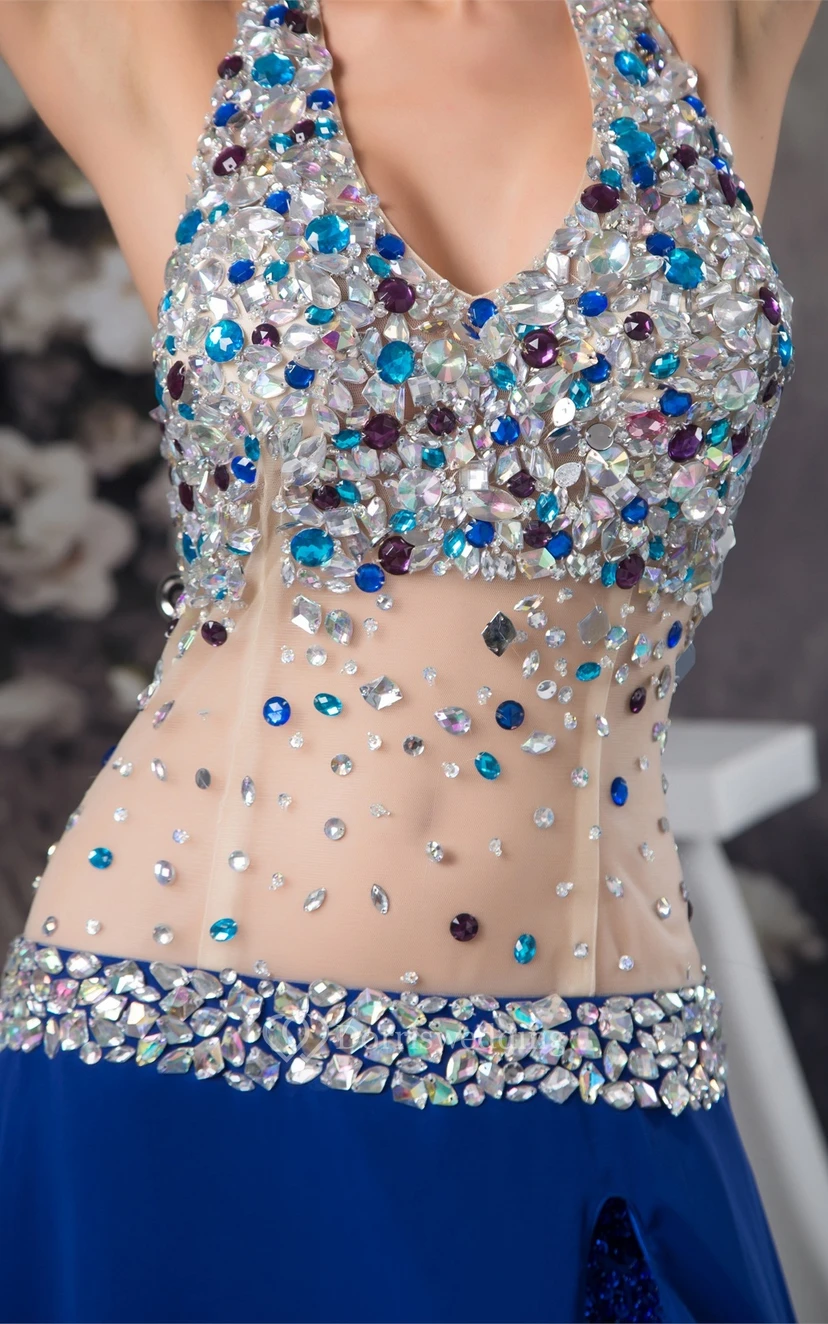 Plunged Front-Split Illusion Waist and Dress With Rhinestone view 4