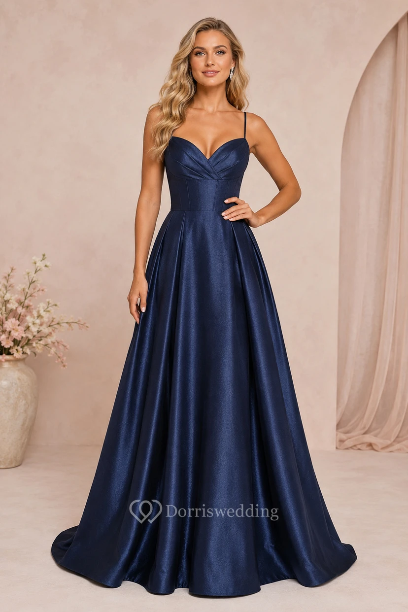 Dark Navy Spaghetti Strap Satin A-Line Prom Dress with Lace-Up Back