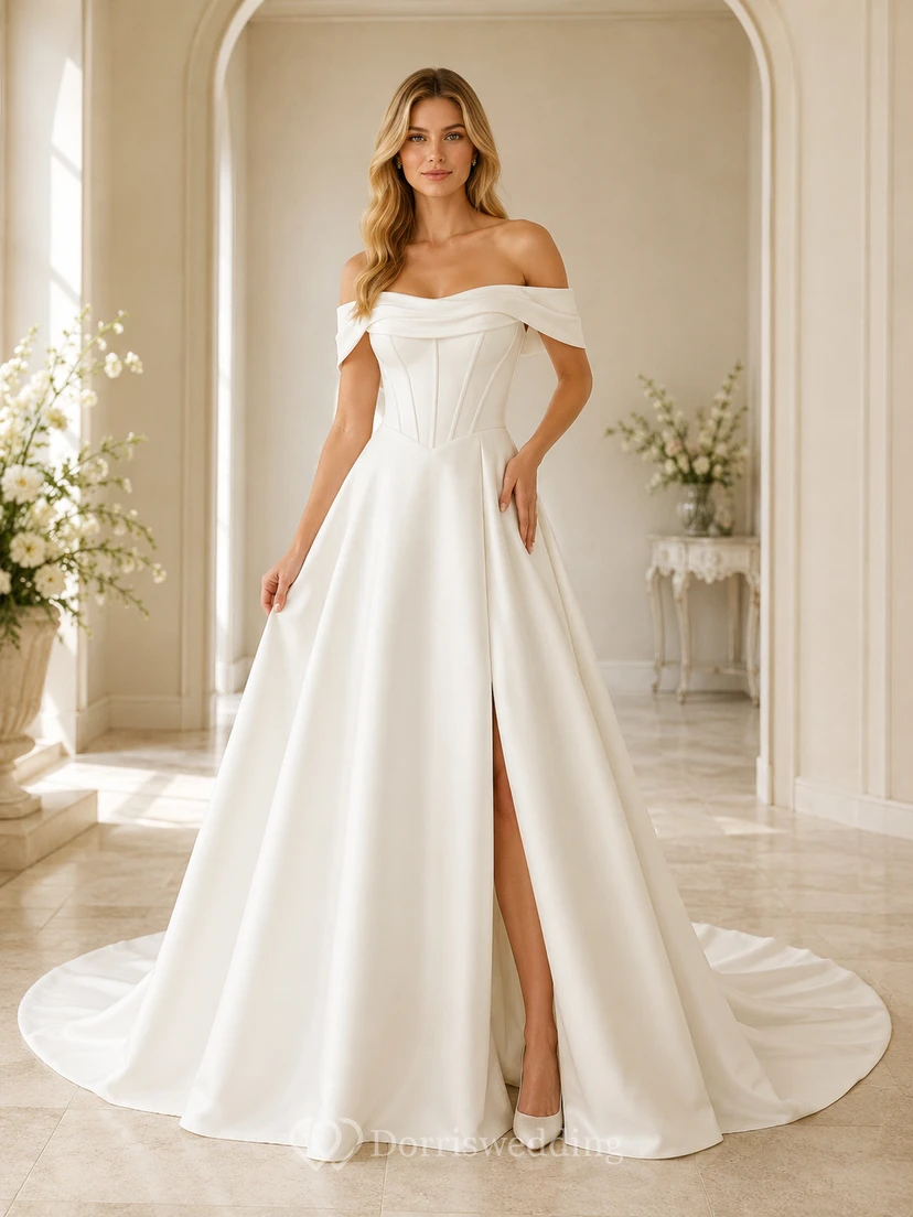 Brautkleid aus Satin in A-Linie, schulterfrei, kurze Ärmel, Kapellenschleppe mit Schlitz