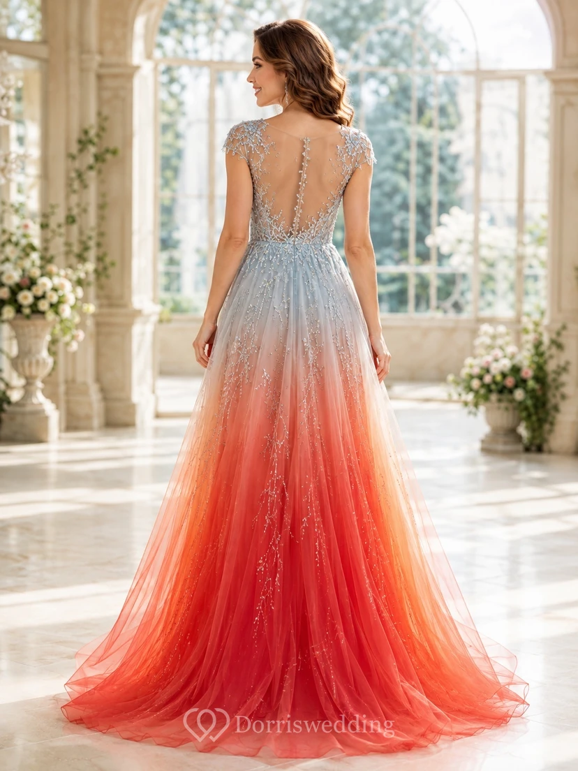 Sky Blue Red V-Neck Cap Sleeve Beaded Tulle A-Line Sweep Train Prom Dress view 2
