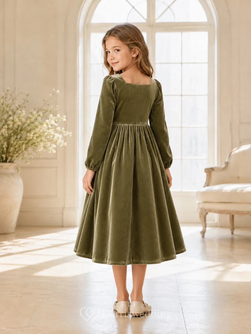 Flower Girl Dress A-Line Dark Green Velvet Long Sleeve Holiday Formal view 2
