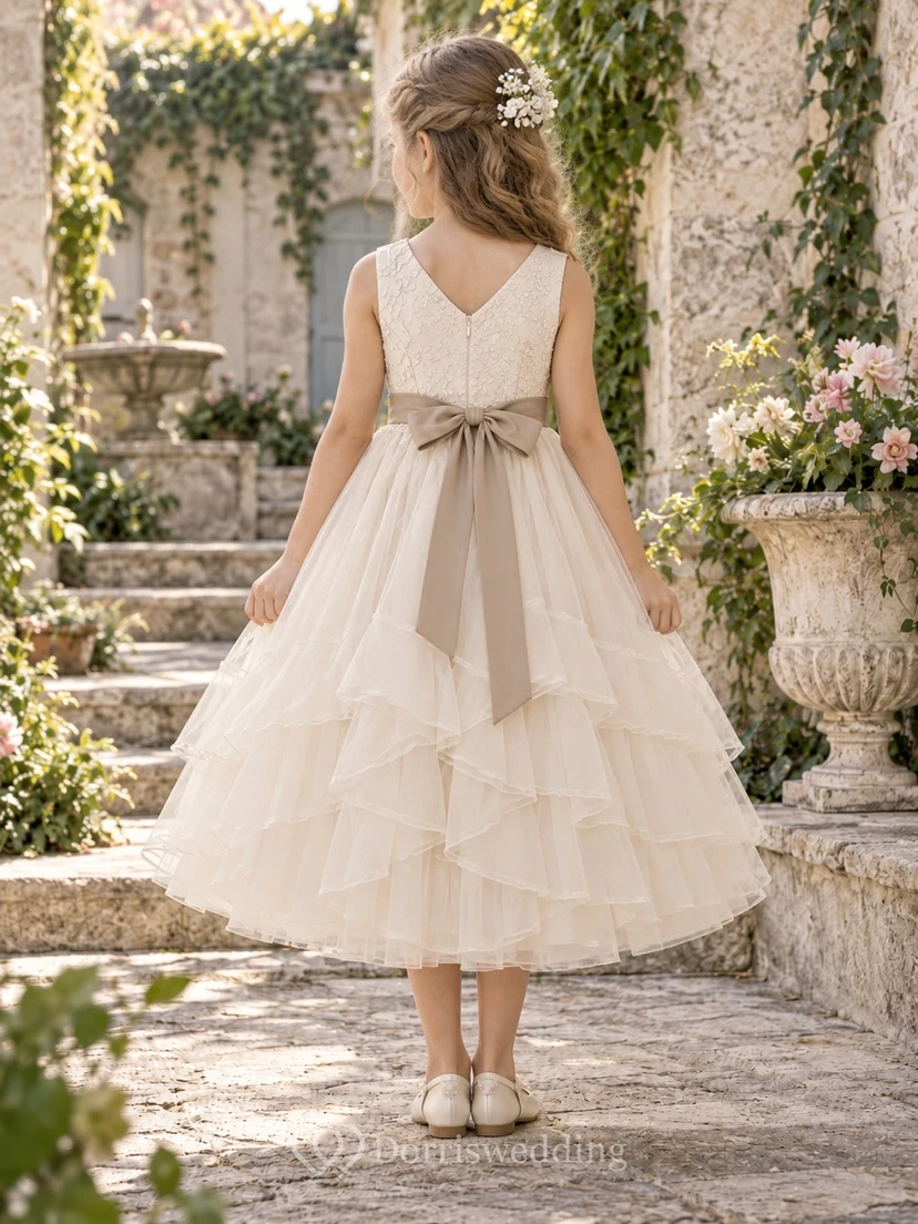 Teelanges, elfenbeinfarbenes, ärmelloses Chiffonkleid in A-Linie mit fließendem V-Ausschnitt am Rücken und taupefarbener Schärpe für Blumenmädchen view 2