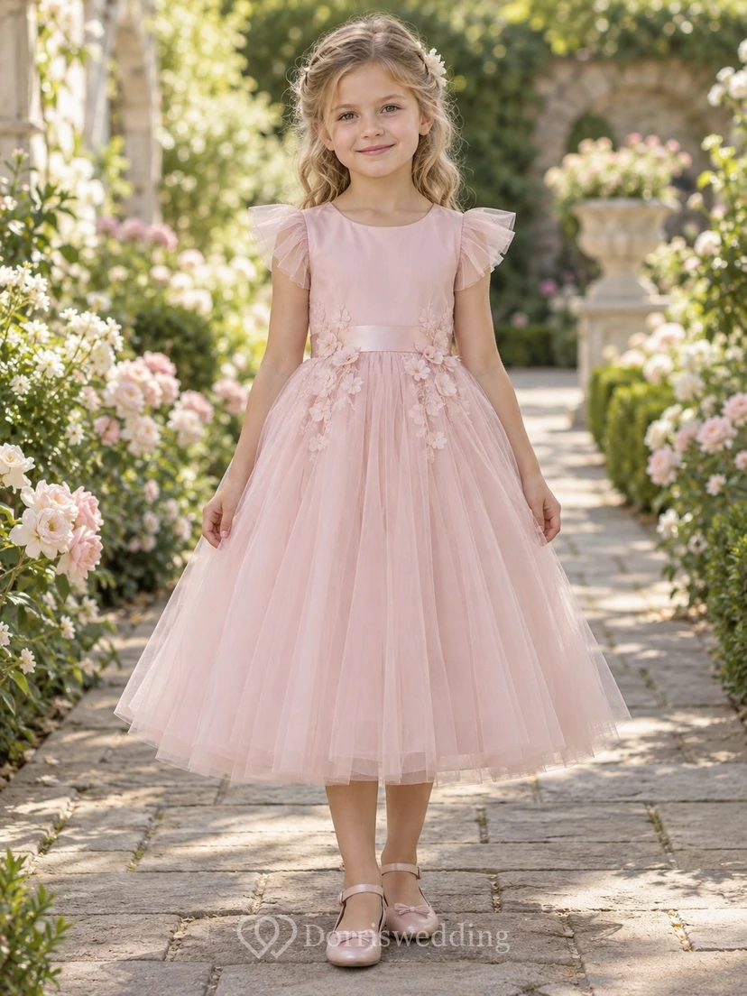 Blush Floral Flutter Sleeve Scoop Satin Tea-length A-Line Gathered Tulle Ribbon Bow Flowergirl Dress