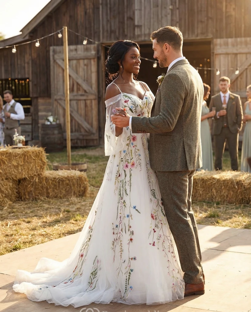 Ätherisches Brautkleid aus Tüll mit Wildblumenstickerei und schulterfreien Ärmeln view 4