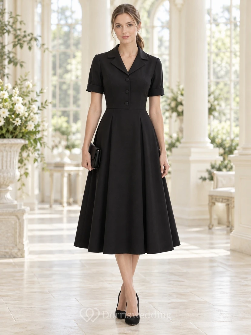Schlichtes, elegantes schwarzes A-Linien-Midikleid mit Reverskragen und Knopfleiste