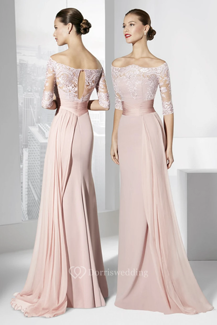 Sheath Half-Sleeve Off-The-Shoulder Appliqued Maxi Chiffon Prom Dress view 3