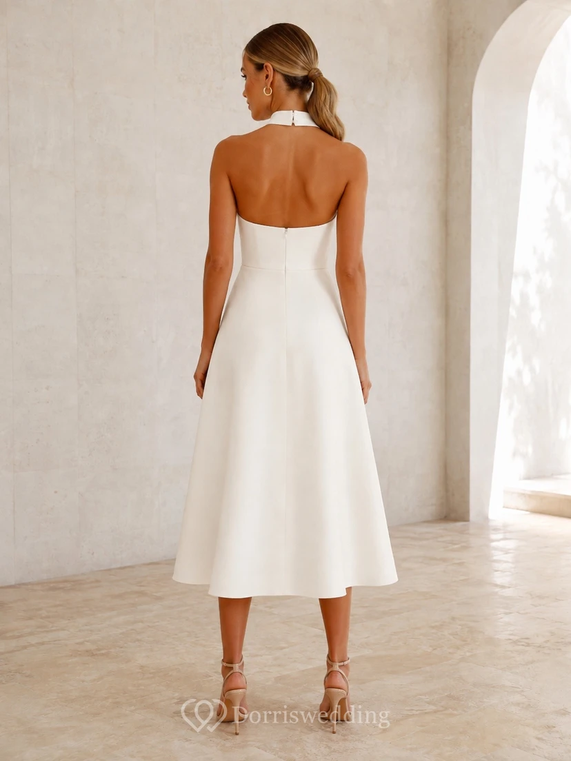Halter Neck Sleeveless Satin A-Line Tea-Length Wedding Dress view 2