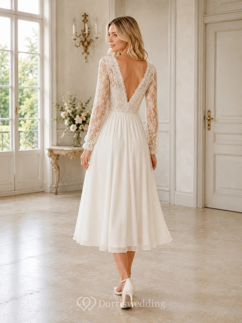 Bohemian V-neck Long Sleeve Lace A-line Tea-length Civil Bridal Dress view 2