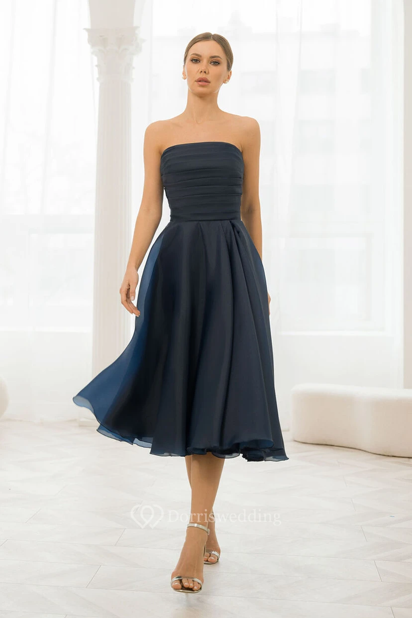 Strapless Chiffon Ruched Dark Navy Tea-length Dress