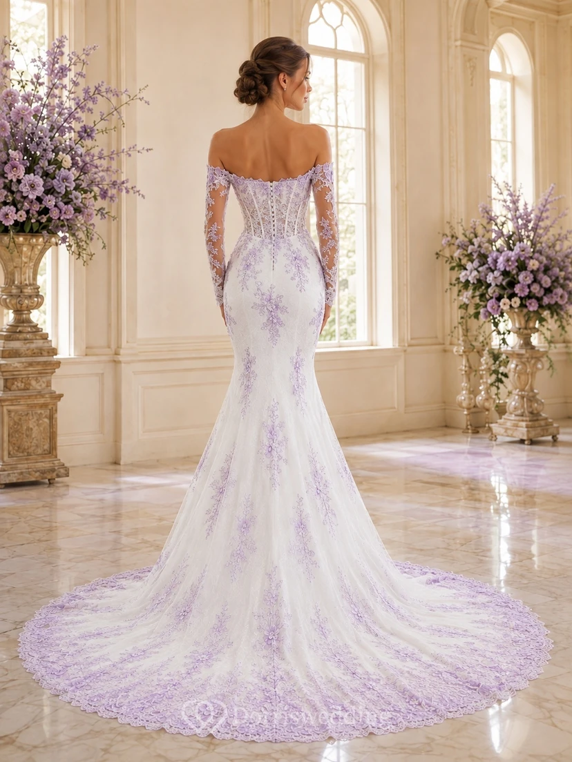 Lavendelfarbenes Meerjungfrauen-Brautkleid aus Spitze mit schulterfreiem Ausschnitt, langen Ärmeln und Kathedralenschleppe view 2