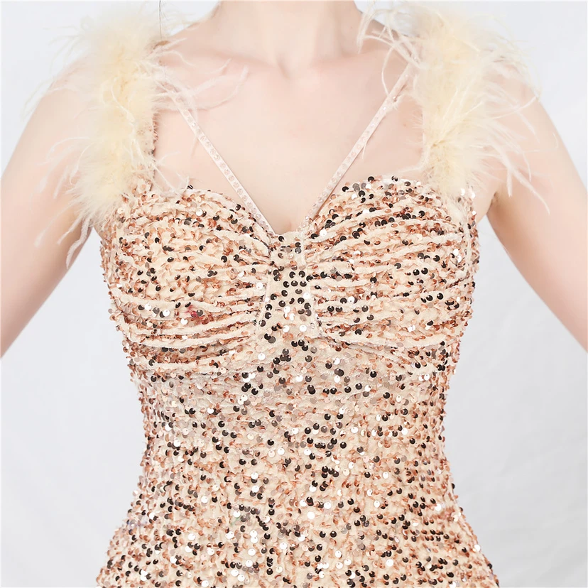 Craft Ostrich Feather Handmade Velvet Bottom Sequined Short Evening Dress Short Skirt view 35