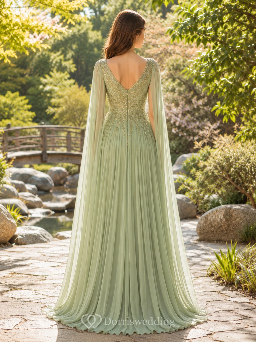 Sage chiffon A-line gown with lace bodice and cape sleeves view 2
