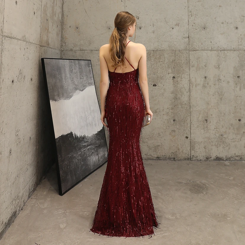 Vestido de noche elegante con borla de hilo de seda de poliéster y lentejuelas estilo cola de pez para banquetes, reuniones y eventos. Ideal para anfitriones. Modelo de coche. Otoño. view 44