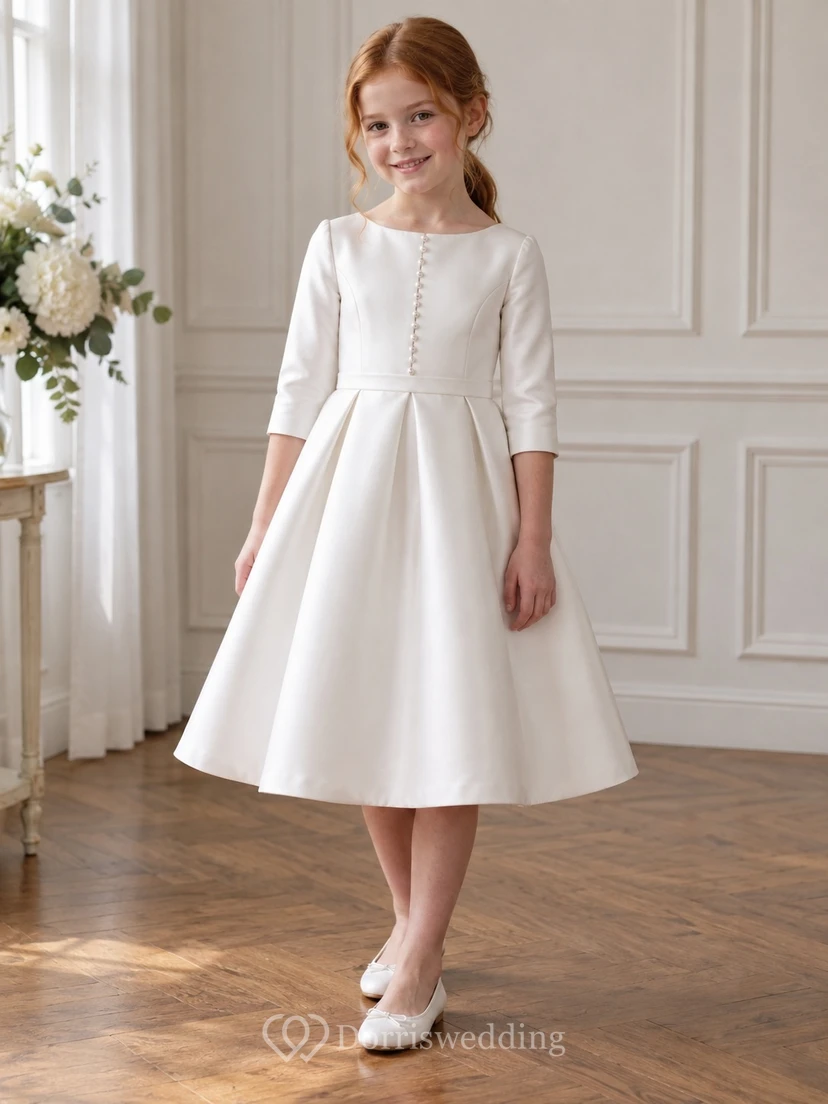 Simple Tea-length Ivory Satin Jewel Three-quarter-sleeve Buttoned Narrow-waistband Box-pleated A-line Flower Girl Dress