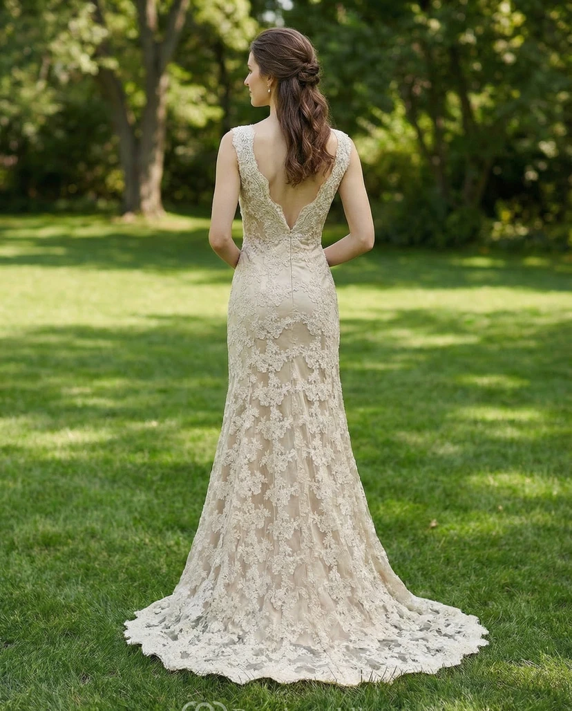 Robe de mariée sirène vintage champagne à col en V - Robe de mariée sans manches en dentelle view 2