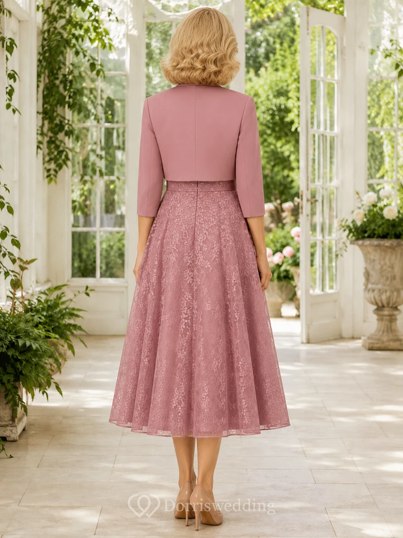Vintage-Cocktailkleid aus Spitze in Altrosa mit Teelänge, A-Linie, Rundhalsausschnitt und Dreiviertelärmeln, Bolero-Stil, ideal für die Mutter der Braut. view 2